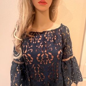 Alexia Admor Lace crochet blue on nude midi dress